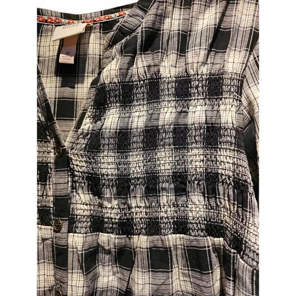 Knox Rose Button Front Shirt Dress Womens Medium Black Plaid Long Sleeve Smocked - Picture 2 of 7